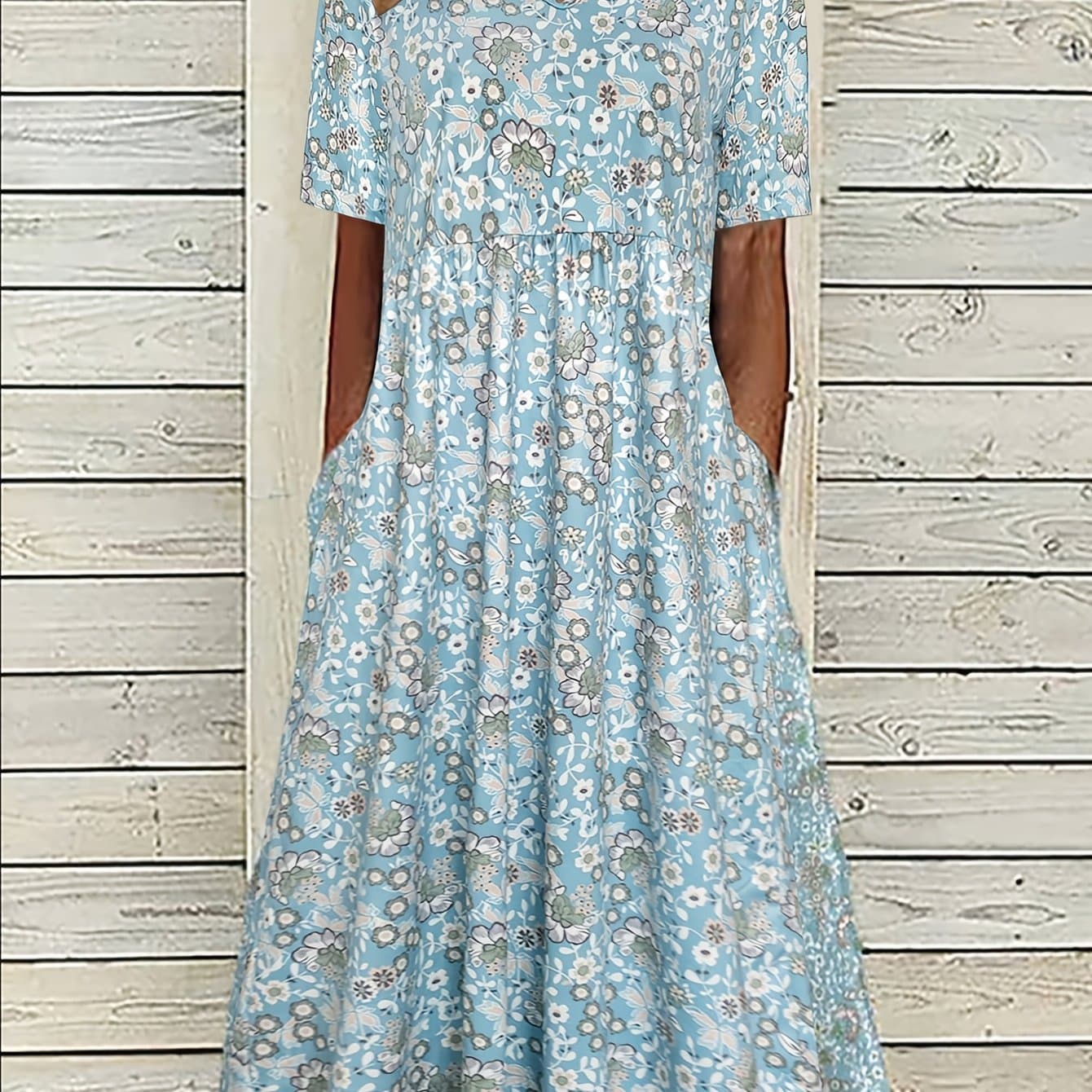 TEMU /summer Fashion Floral Print Vacation Dress With Pockets And V-neck, Suitable For And Holidays, Blue Women's Dress
