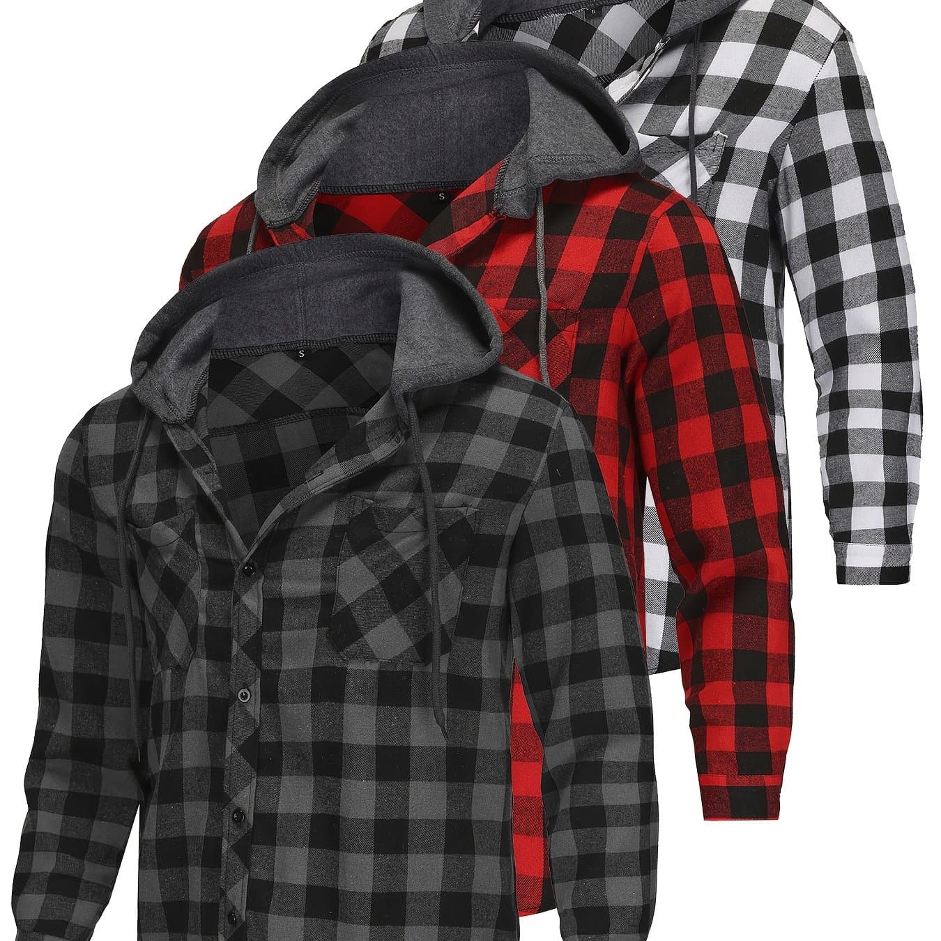 TEMU 3pcs Men's Flannel Hoodie Shirts Casual Button Shirt Jackets For Men Long Sleeve Stylish Hooded With Pocket