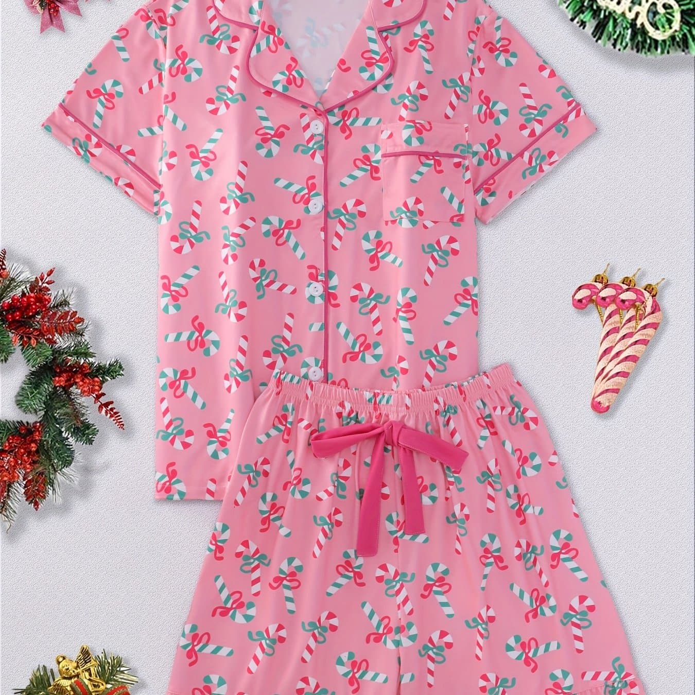TEMU 2pcs Women's Set, Christmas Candy Cane Printed Short Sleeved Shorts, Comfortable Lapel Home Clothes, Women's , , Breathable, Candy Cane, Super , Festive, Home Party Atmosphere, Full