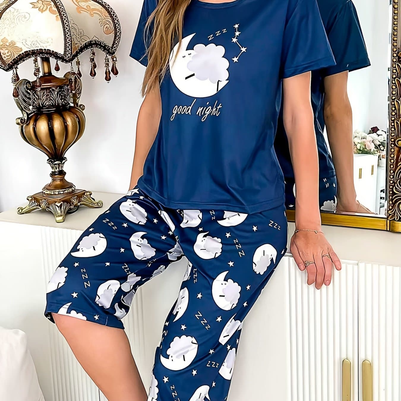 TEMU Women's Casual Printed Short-sleeve Pajama Set With Capri Pants