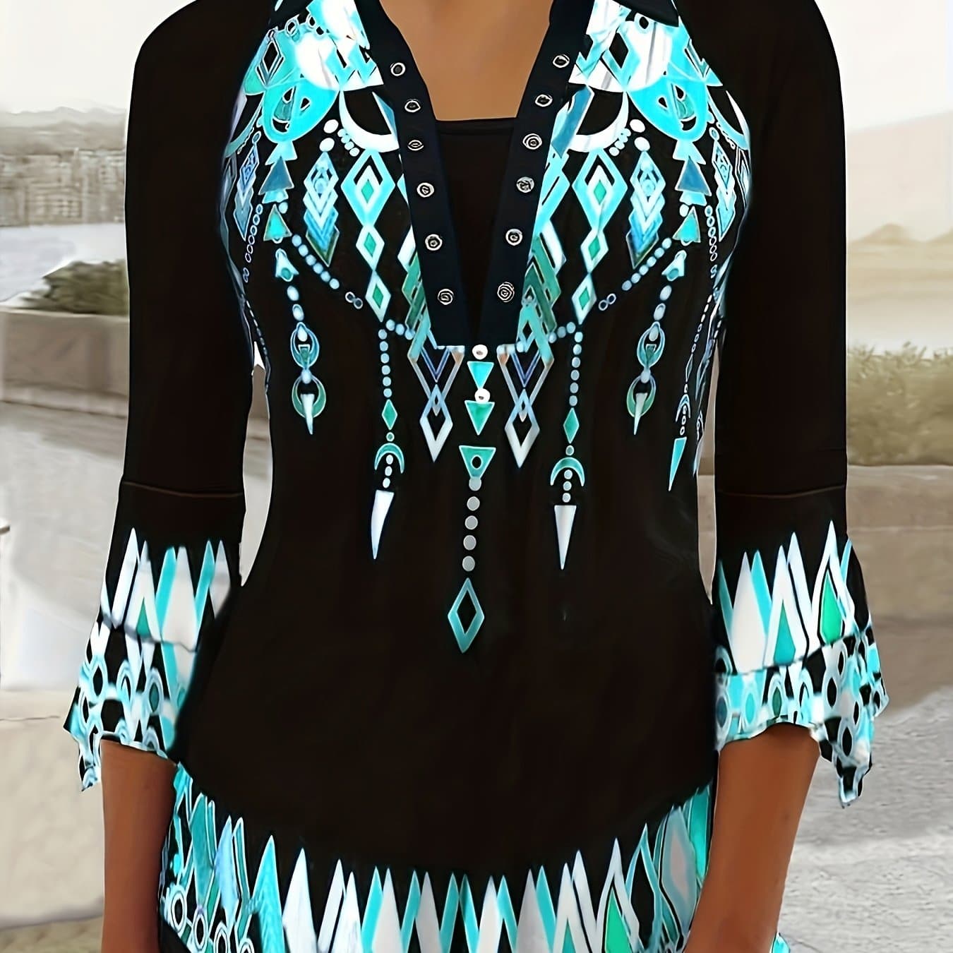 TEMU Green Three-quarter Sleeve T-shirt With A Printed Lapel, Featuring An Irregular Sleeve And Button- Design For Spring And