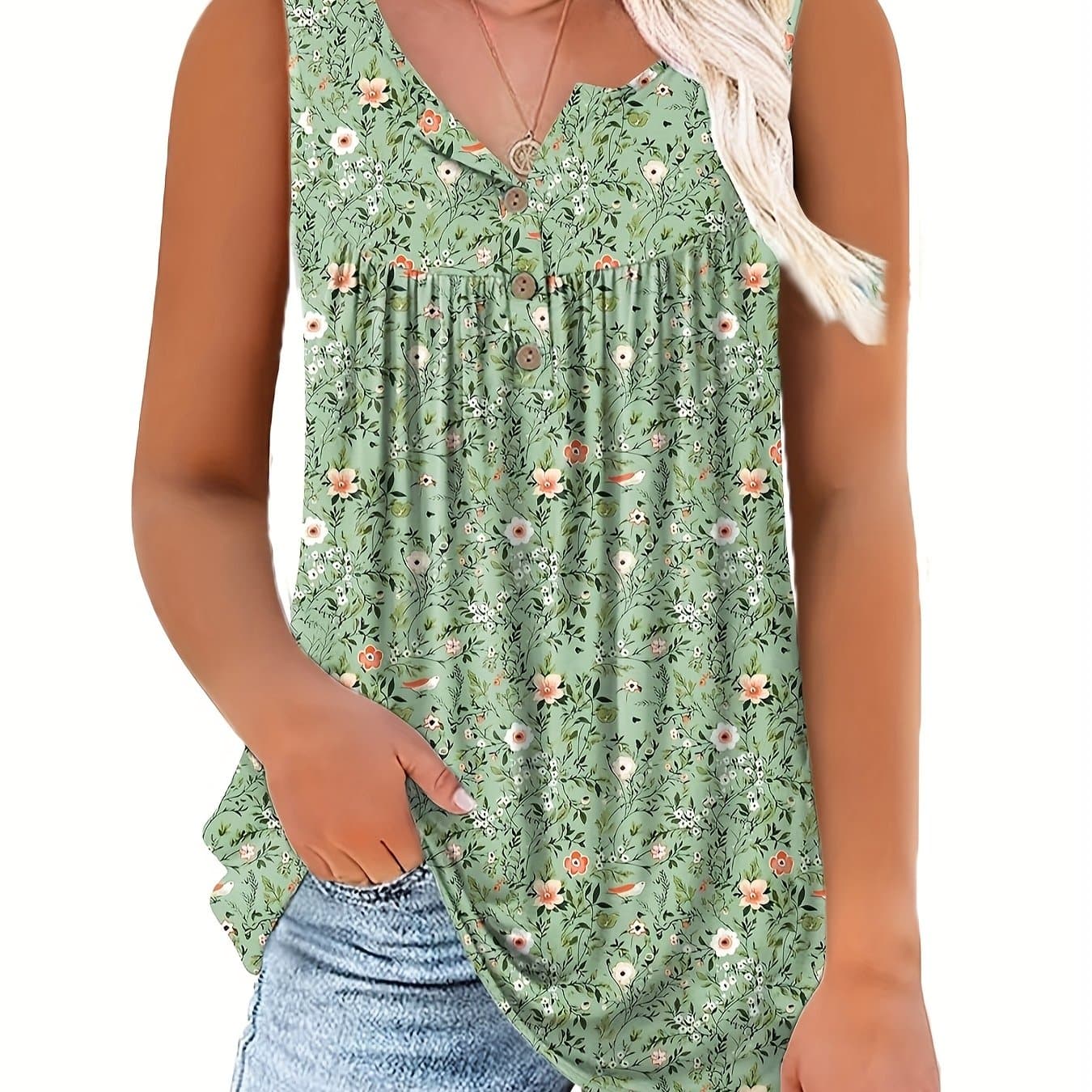 TEMU Plus Size - Plus Size - Women's Sleeveless Henley Top With Floral Print, Perfect For Summer Casual