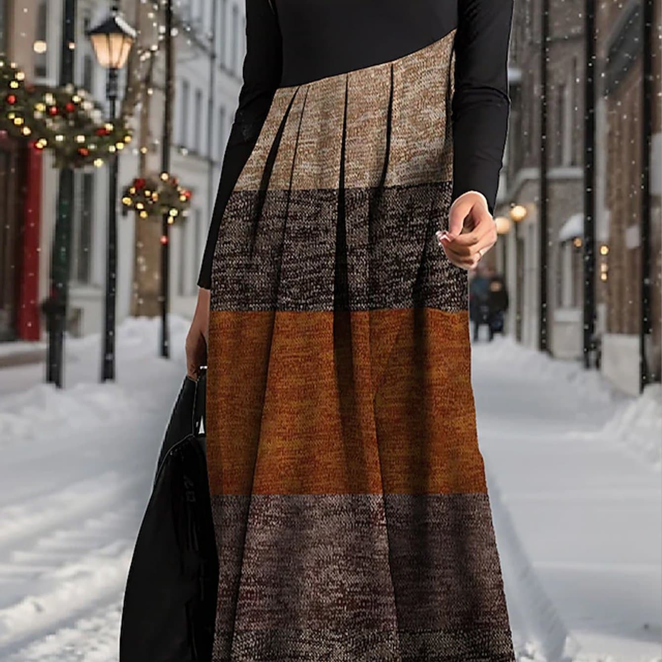 TEMU New Autumn And Winter Women's Fashionable Commuting Color Block Splicing Print Suitable For Going Out Retro Temperament White-collar Women's Long Sleeved Dress