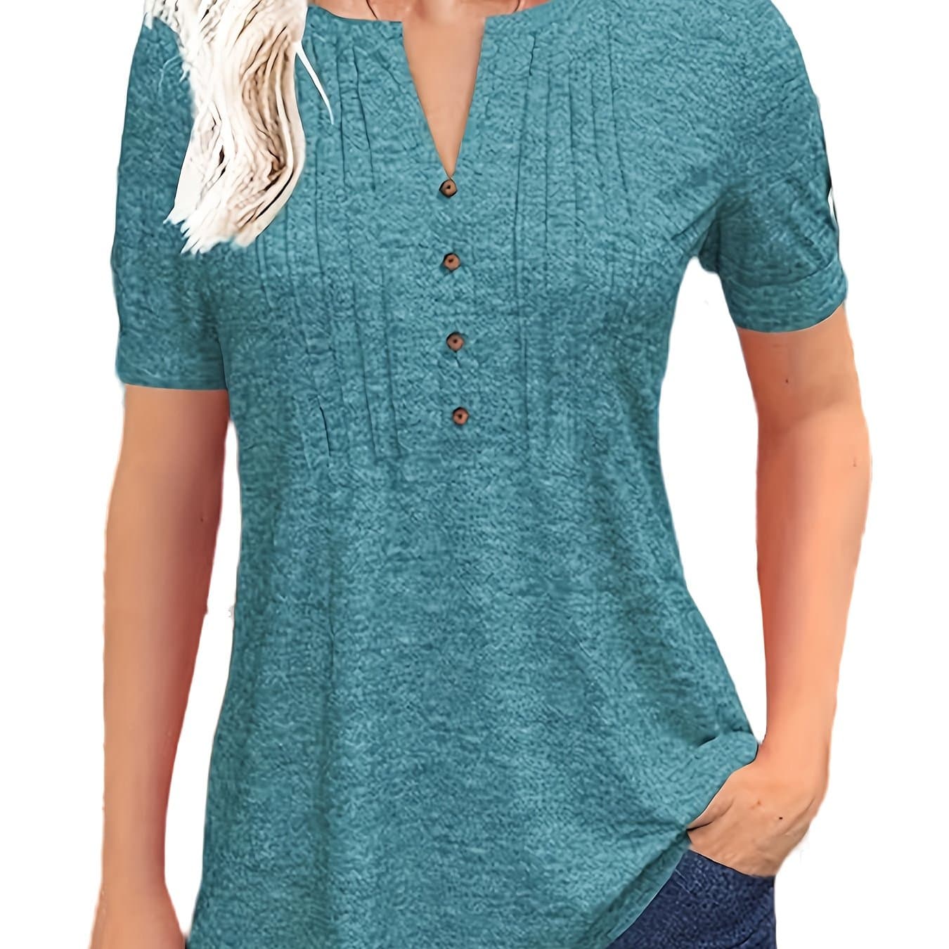 TEMU Casual Short-sleeve T-shirt For Women, Featuring A Pleated Design And V-neck In Solid Colors, Perfect For Summer