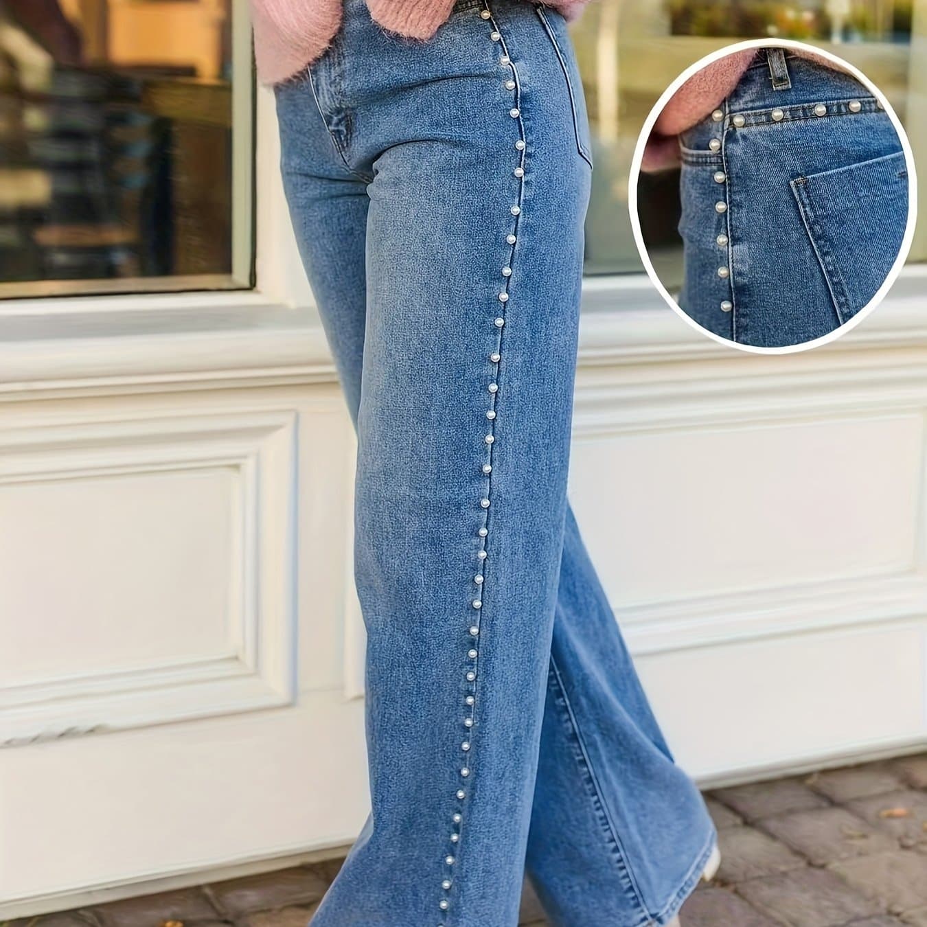 TEMU Women's Plus Size Pearl Side Date Out Denim Straight Pants