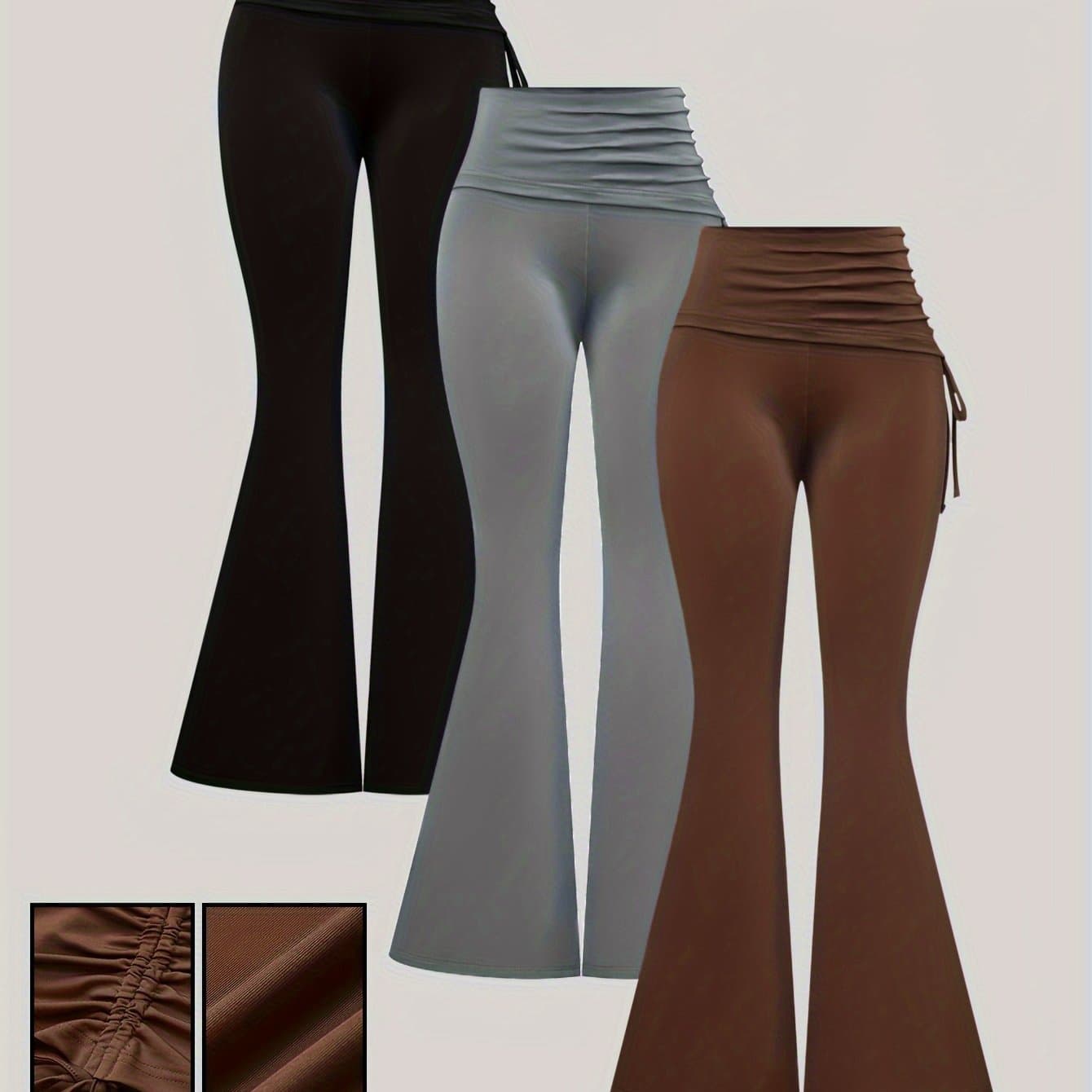 TEMU Women's 3pcs Flare Leg Pants Set - High-waisted, Stretchy, Solid Color Trousers In Black, Gray, Brown - Spring/summer Fashion, Casual Attire|highwaisted Pants|stretchy