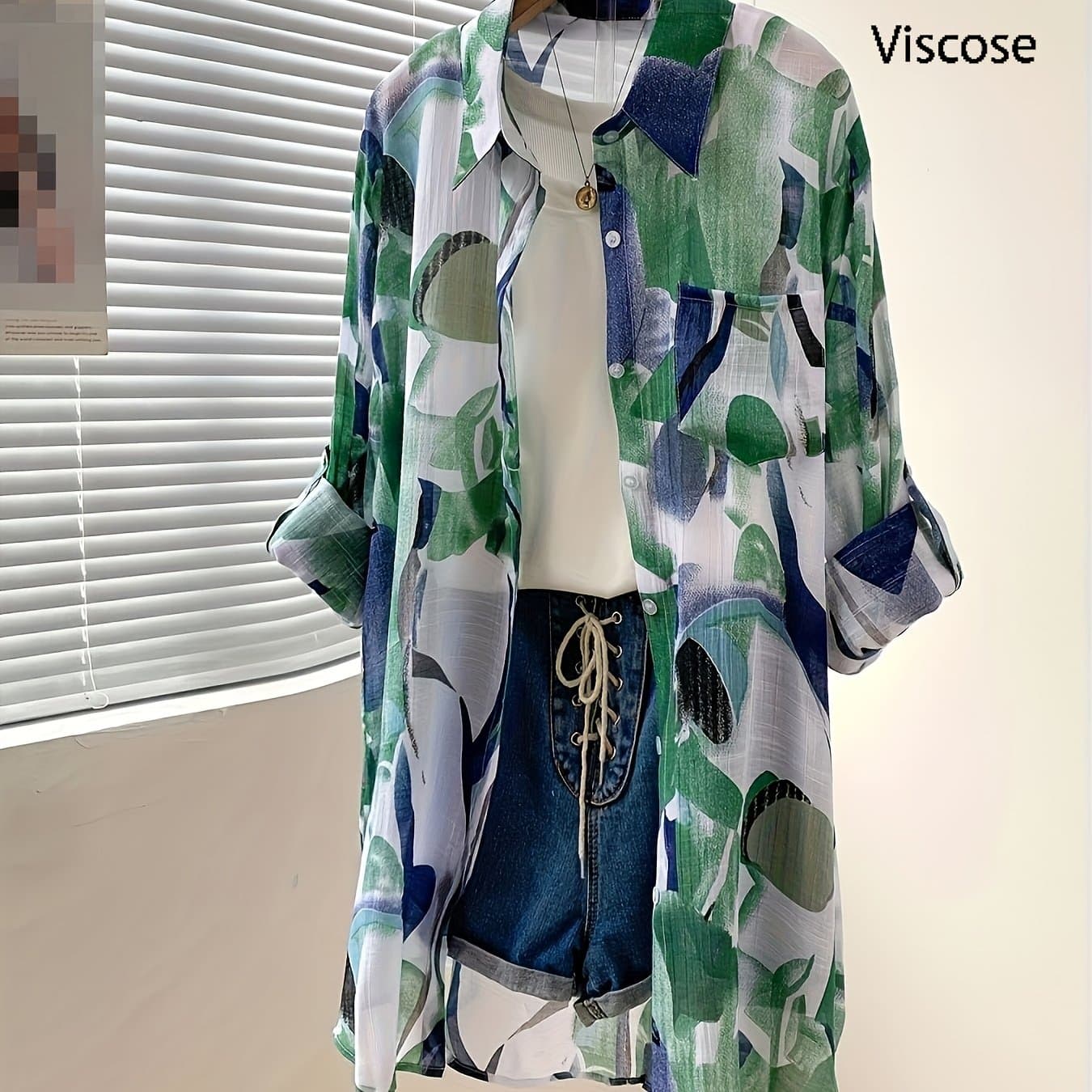 TEMU New Stylish Thin Semi-transparent Geometric Print Long Sleeve Shirt, Loose Casual Cuff Mid-length Cardigan Blouse For Women, Fashionable Design