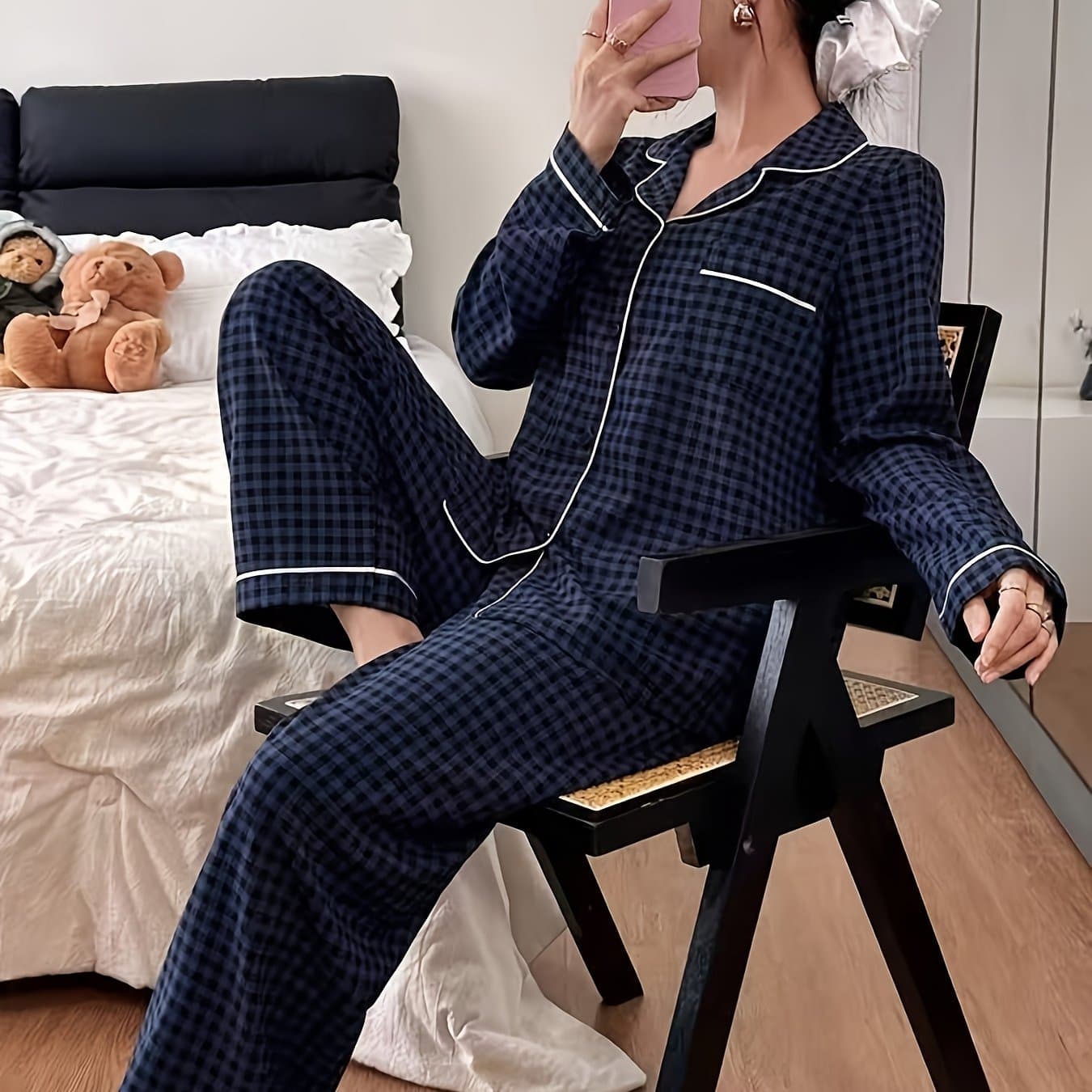 TEMU Women's Print Long Sleeve Long Pants Lapel Pajama Loungewear Set