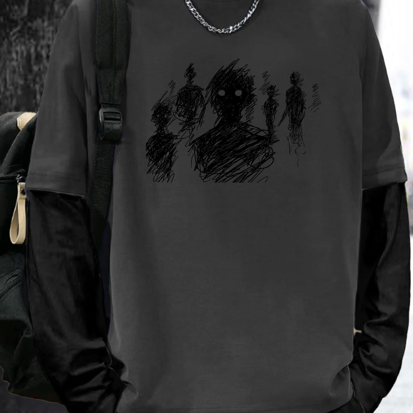 TEMU J107 Line Figure Printing Men's Color Matching Fake 2 Casual Loose Long-sleeved T-shirts