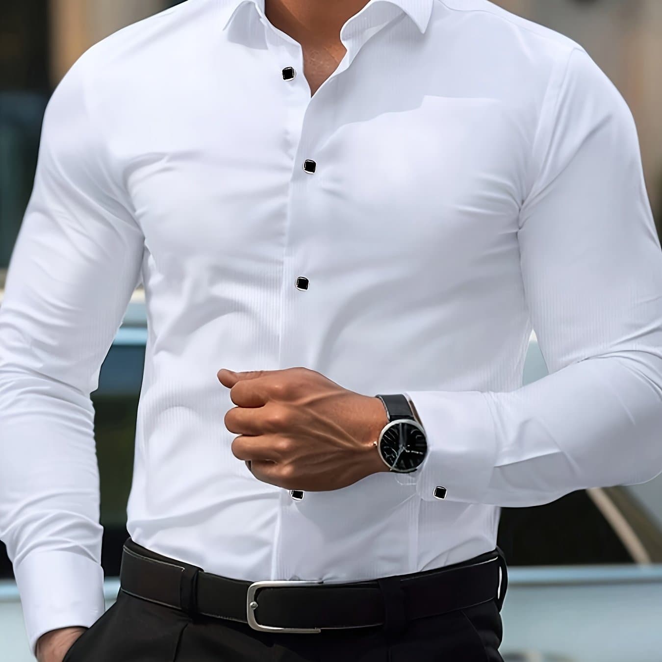 TEMU Men's Slim-fit Elegant Black Long-sleeved Shirt, Lightweight And Smooth Texture, Casual And Formal For Multiple Occasions, Four-season Shirt, Smooth Formal Wear, Well-fitting Cut