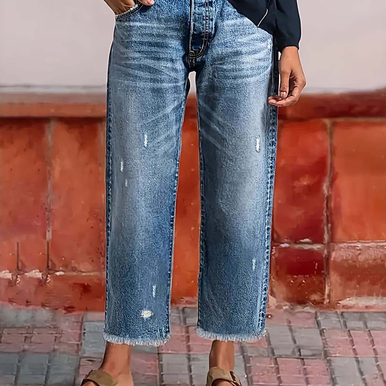 TEMU Plus-size Women's Mid-blue Straight-leg -part Jeans - Shaping Leg Silhouette Without Tightness, Stylish For Commuting And Leisure