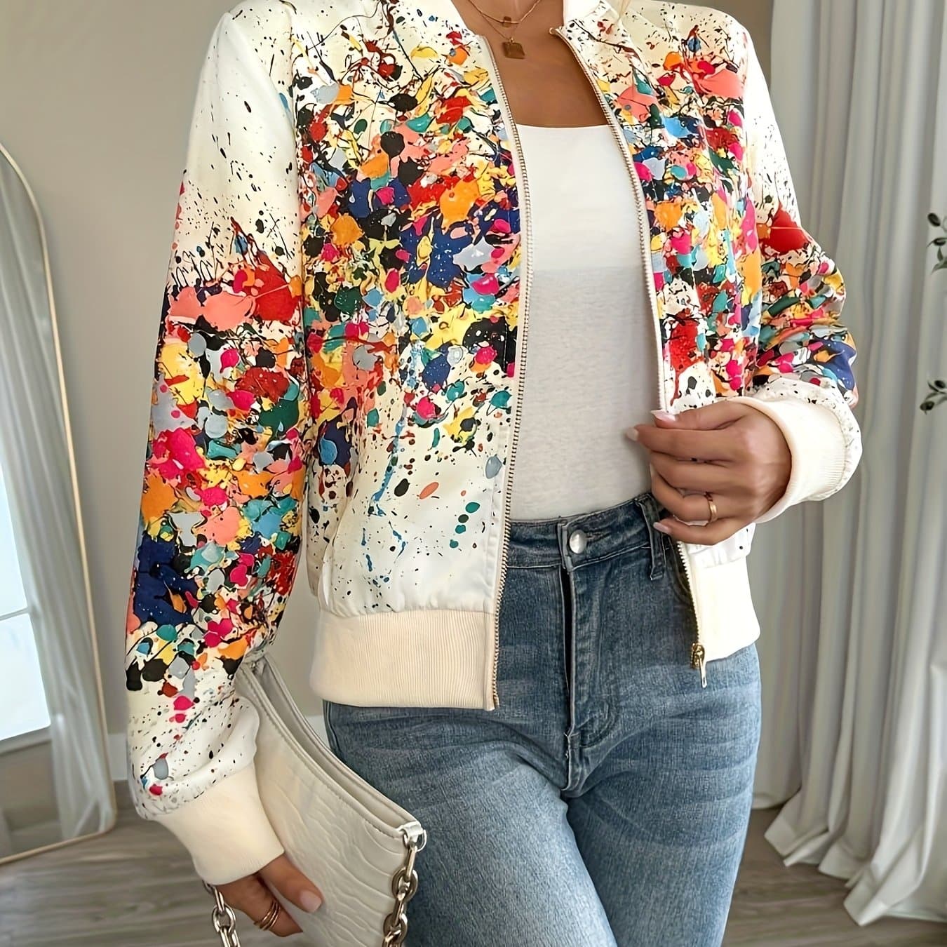 TEMU Women's Lightweight Casual Jacket - Vibrant Tie-dye Print, Stand Collar, Zip-up, Long Sleeve, Perfect For Spring/fall, Spring Jacket | Vibrant Print Jacket | Zippered Jacket