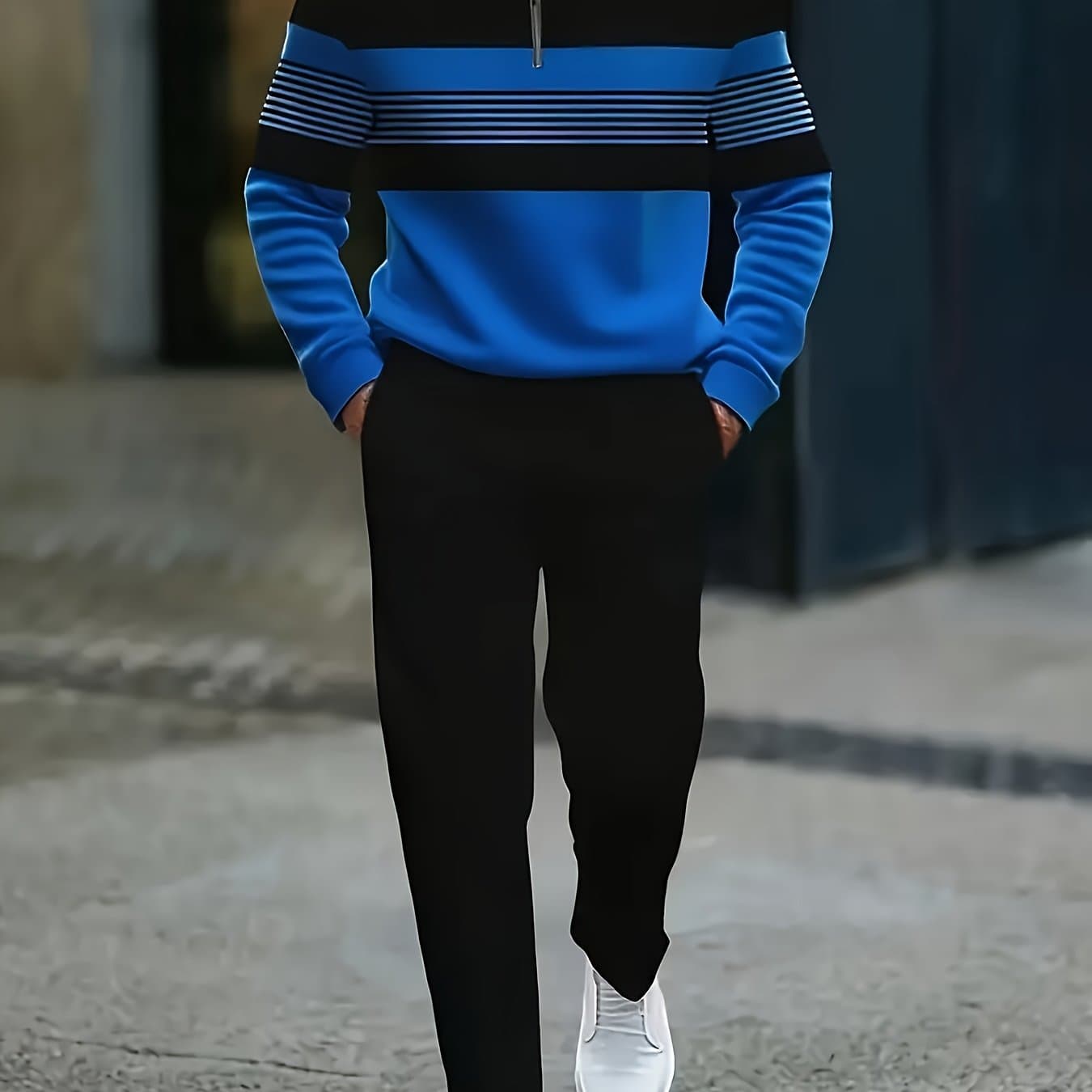 TEMU 2025 Autumn New Royal Blue Striped Men's Casual Sports Suit, Fashionable And Men's Half-zip Small Collar Long Sleeve + Sports Casual Comfortable Trousers, Suitable For Daily Life, Sports And Work