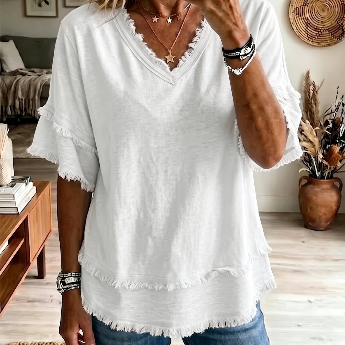 TEMU Summer Tassel Decoration, Women' V-neck T-shirt, Casual Loose Short-sleeve Top