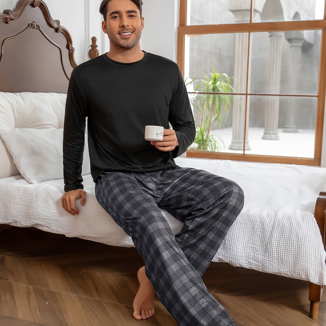 TEMU Men's Long-sleeve Trousers Round-neck Pullover Pajamas Set