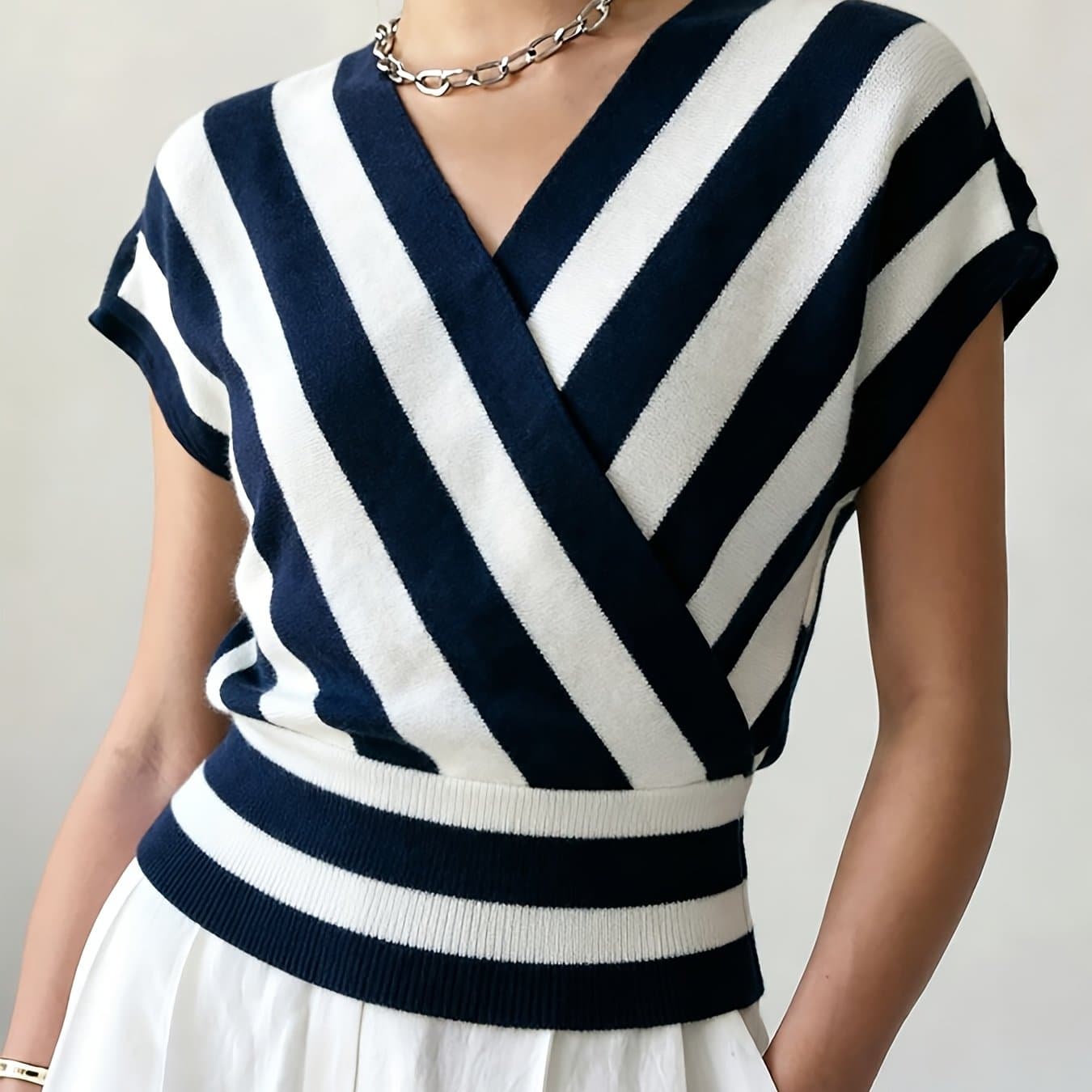 TEMU Women's Ins Summer Cross-neck Pullover, Versatile Loose Ladies' Temperament Striped Machine Washable Short Sleeve Sweater