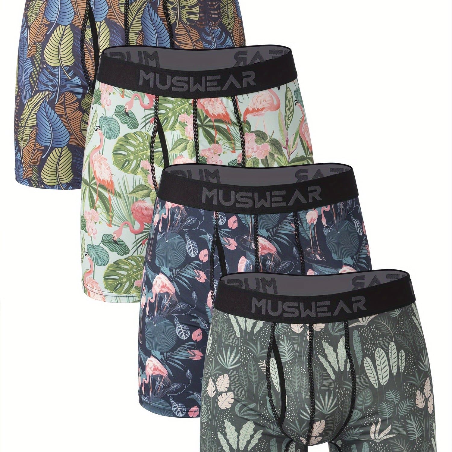 TEMU 4pcs Muswear Quick-dry Boxer Briefs Moisture-wicking, Breathable With Side , Long Style, Flamingo Print, Underwear For Men