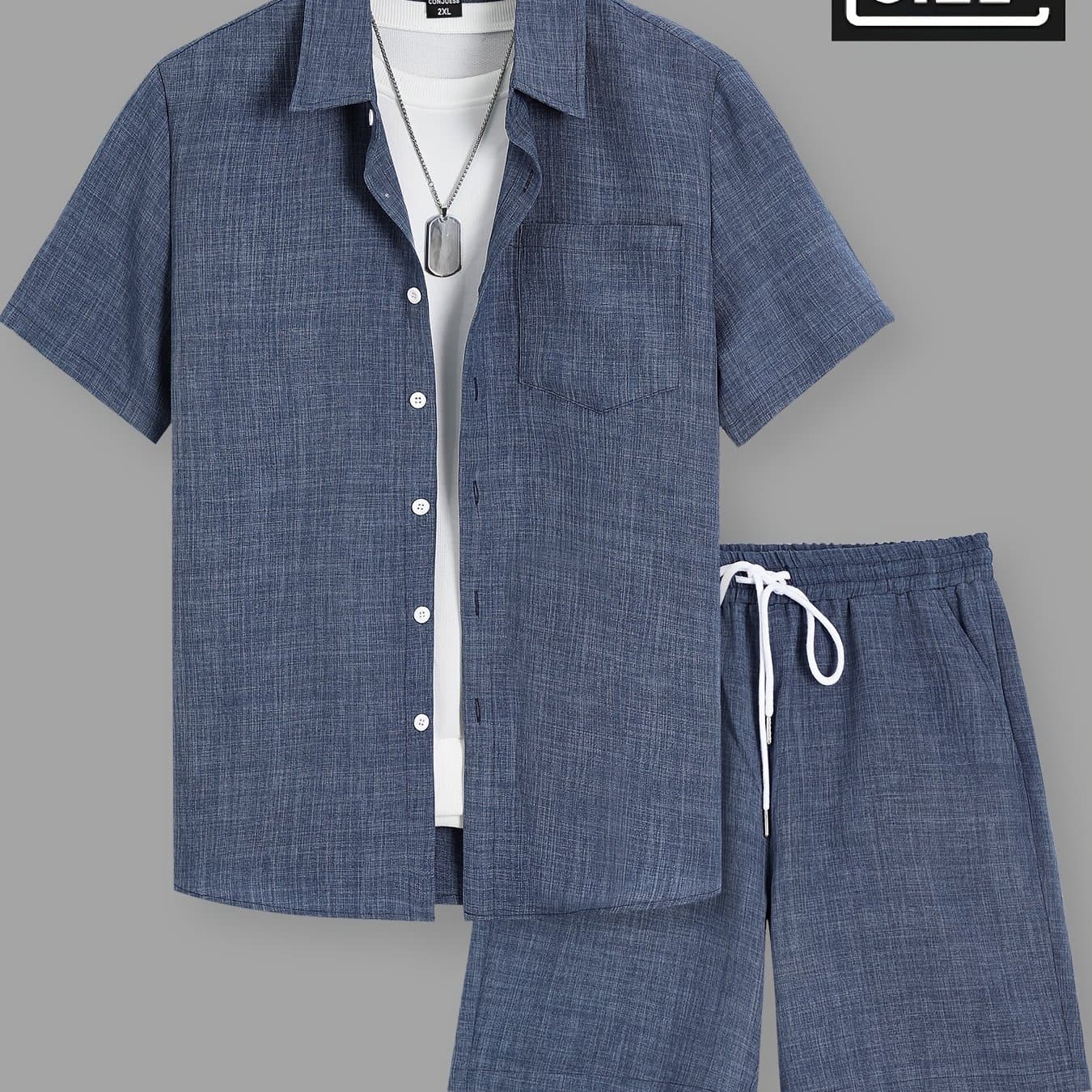 TEMU Plus Size Men's 2pcs Set: Notched Lapel Short Sleeve Single Patch Pocket Open Front Shirt With Drawstring Slant Pocket Shorts, Solid Color Casual Outfit, Plus Size