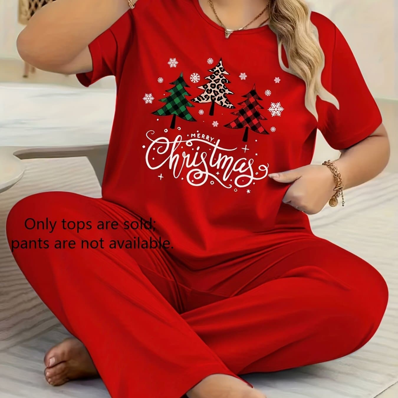 TEMU Women's (tops ) Women's Casual Red Geometric Printed T-shirt, Short Sleeve Round Neck, Halloween, Thanksgiving, Christmas Dress-up , Pajamas, Christmas Pajamas, Suitable For/the Most Lovely Women