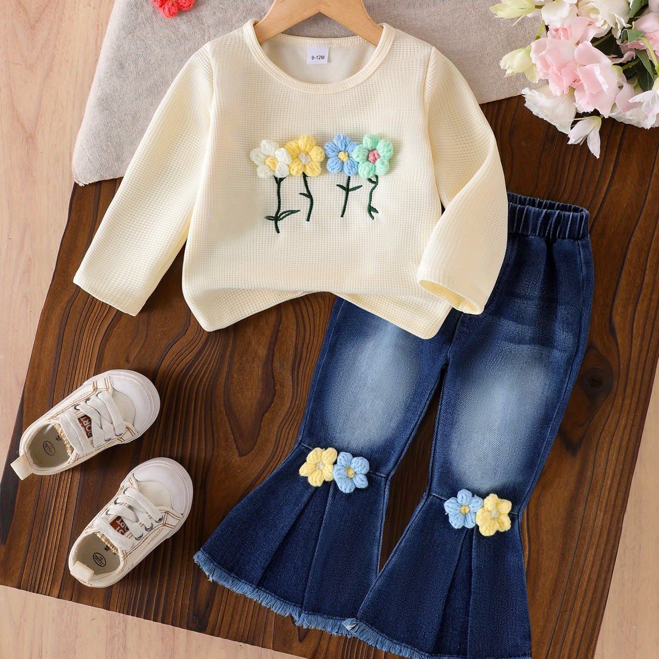 TEMU 2pcs Baby Girls Set 3d Floral Long Sleeve Top Denim Flare Jeans Outdoor Play Outfit, Perfect For Outdoor