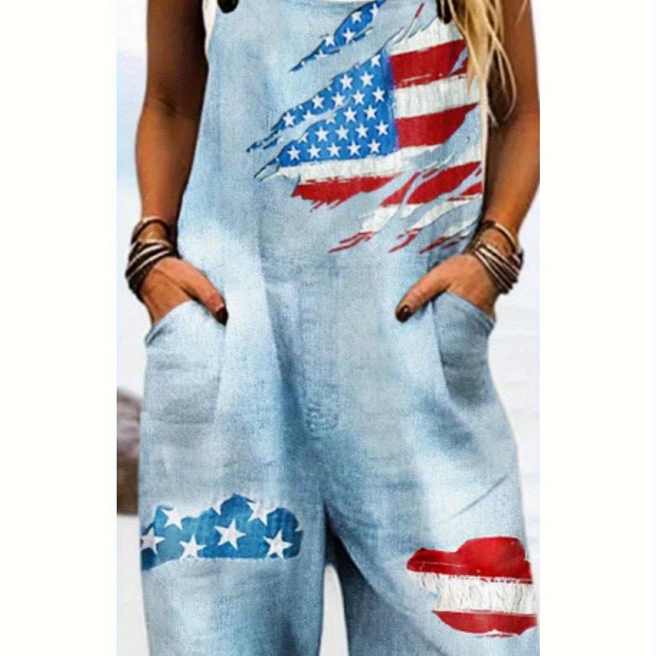 TEMU Women's Summer 3d Printed Overalls, American Flag Pattern Loose Slim Fit Jumpsuit Casual Wide Leg Pants Style, Machine Washable