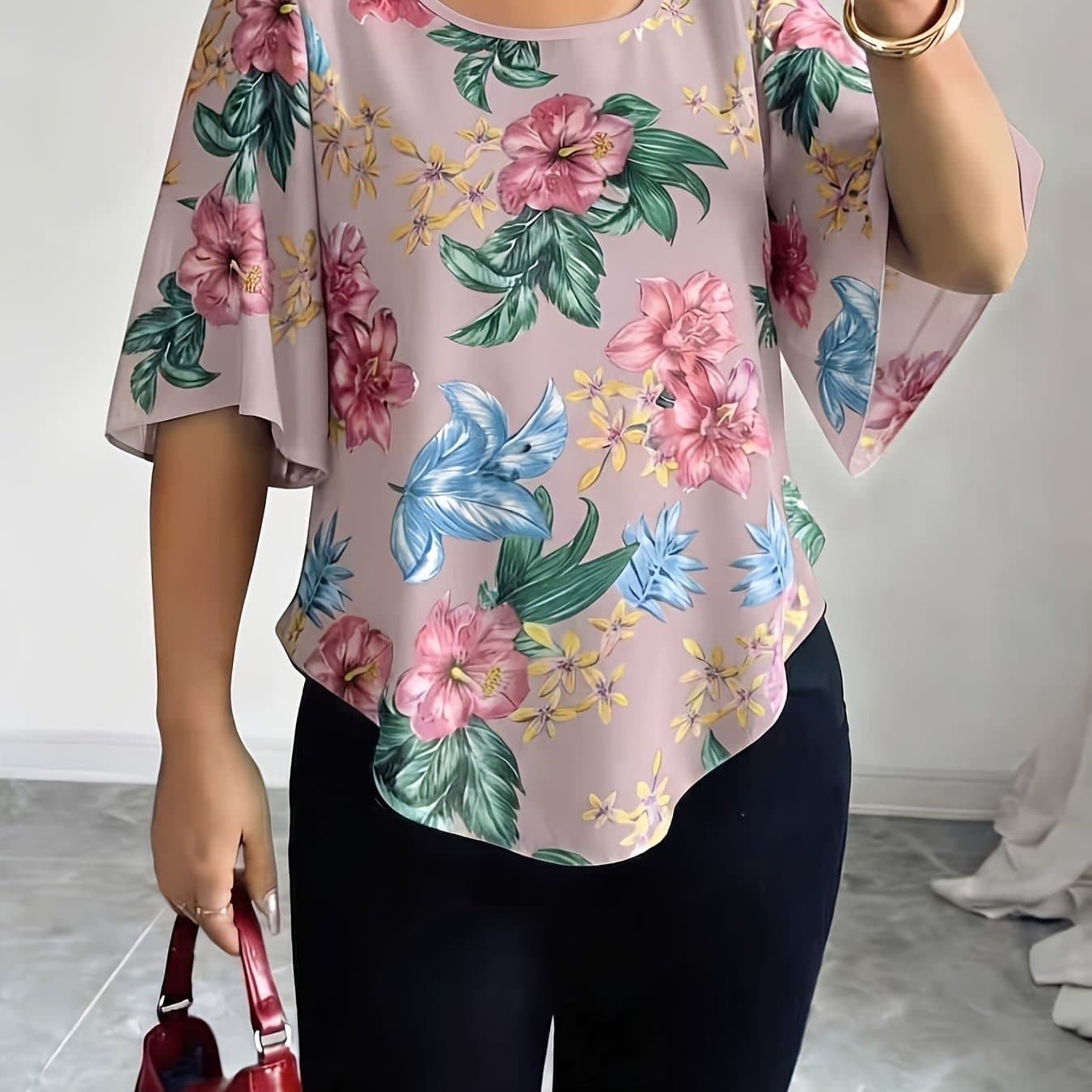TEMU Women's Floral Print Loose Fit Casual Short Sleeve Shirt