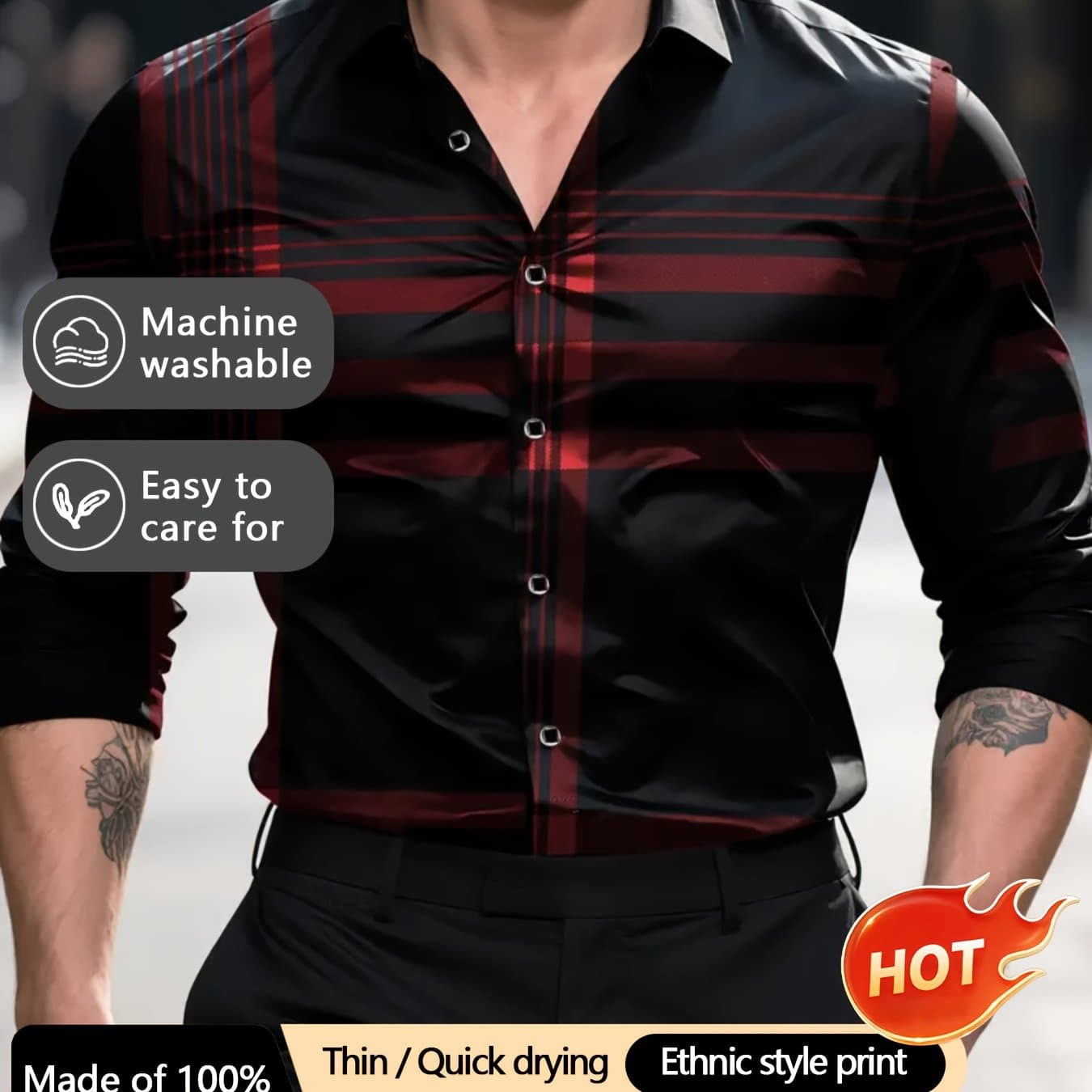 TEMU 2025 Latest Men's Button-up Collar Shirt, Traditional Print, Wrinkle-resistant And Soft, Versatile For Outdoor And Daily Wear, High-quality And Popular