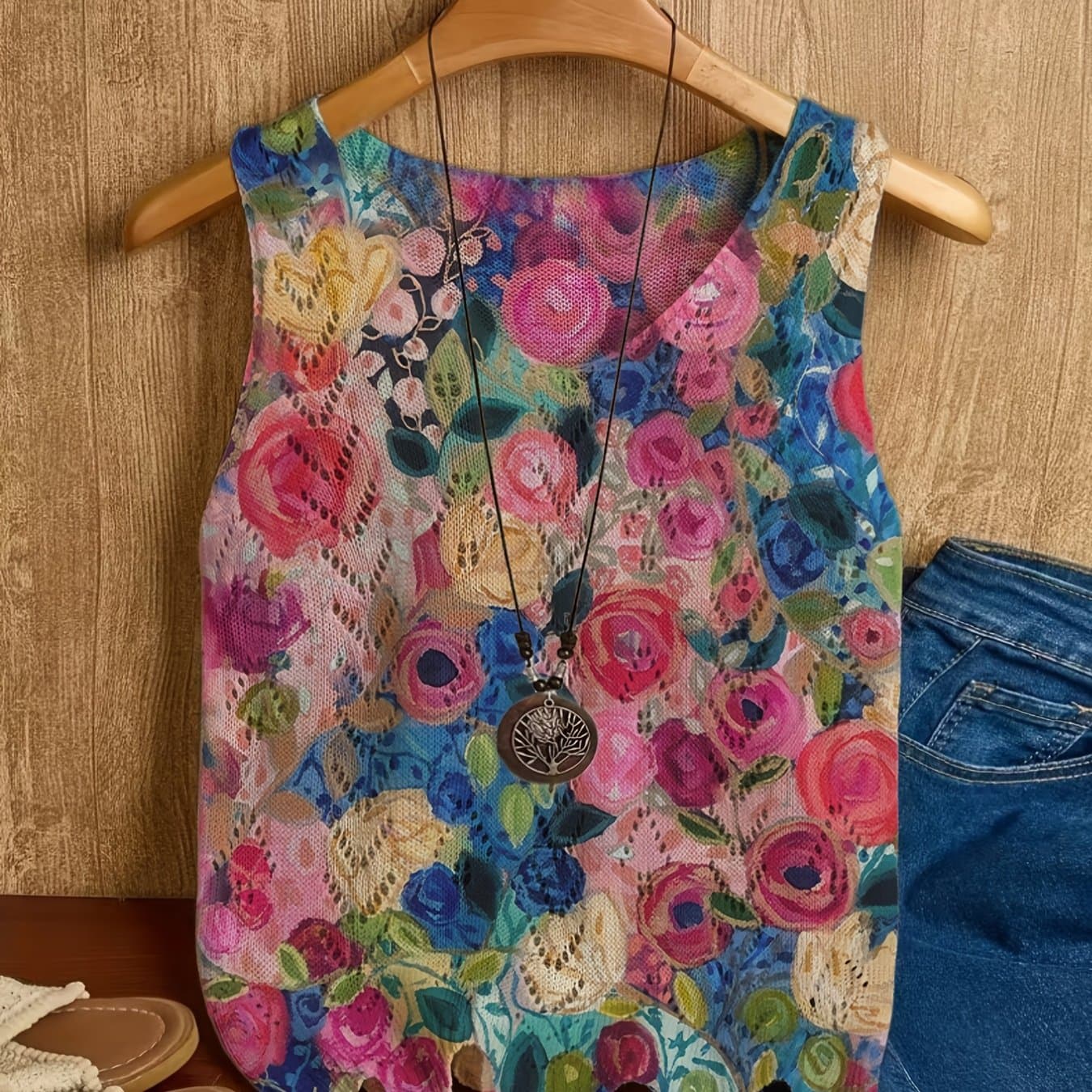 TEMU Women's Bohemian Watercolor Rose Print Sleeveless V-neck Casual Top Watercolor Rose Print Top, Sleeveless Top, Women's V-neck Vest, Vintage Floral Knitwear, Casual Elegant Sweater