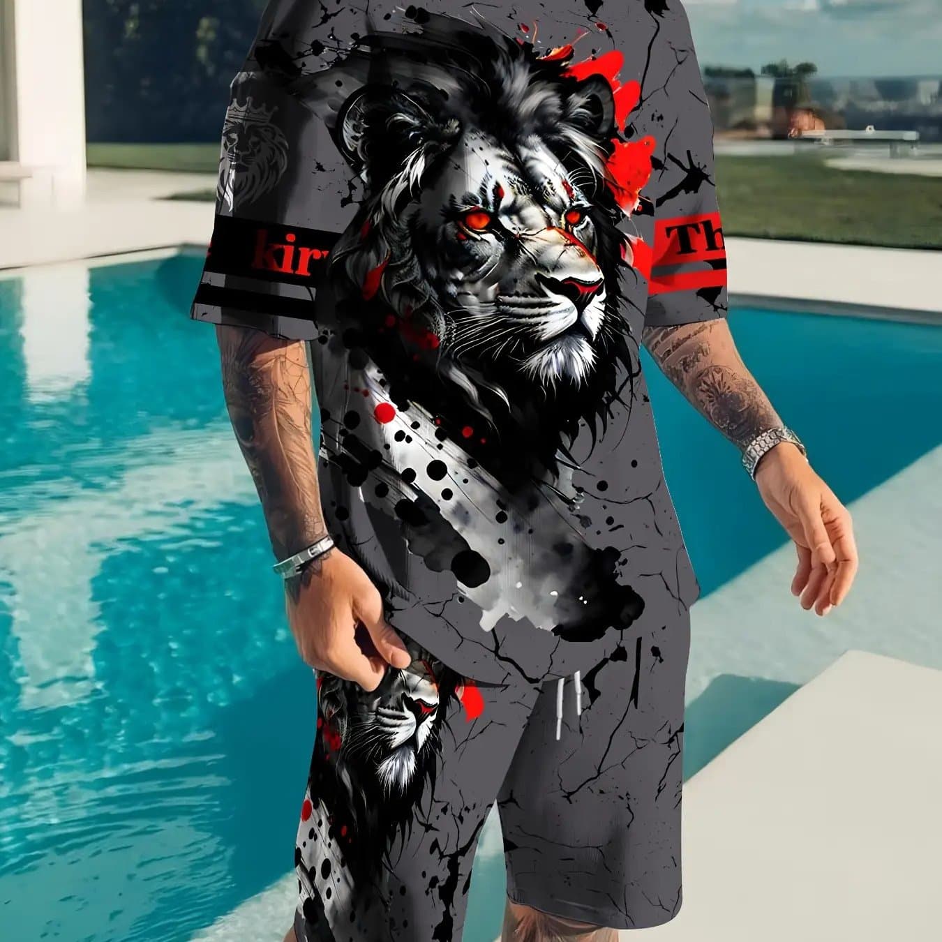 TEMU Men's 3d Lion Pattern Suit- Dark Gray/red/black Style, Washable Summer Street Style Casual And Formal Occasions, Plus Size