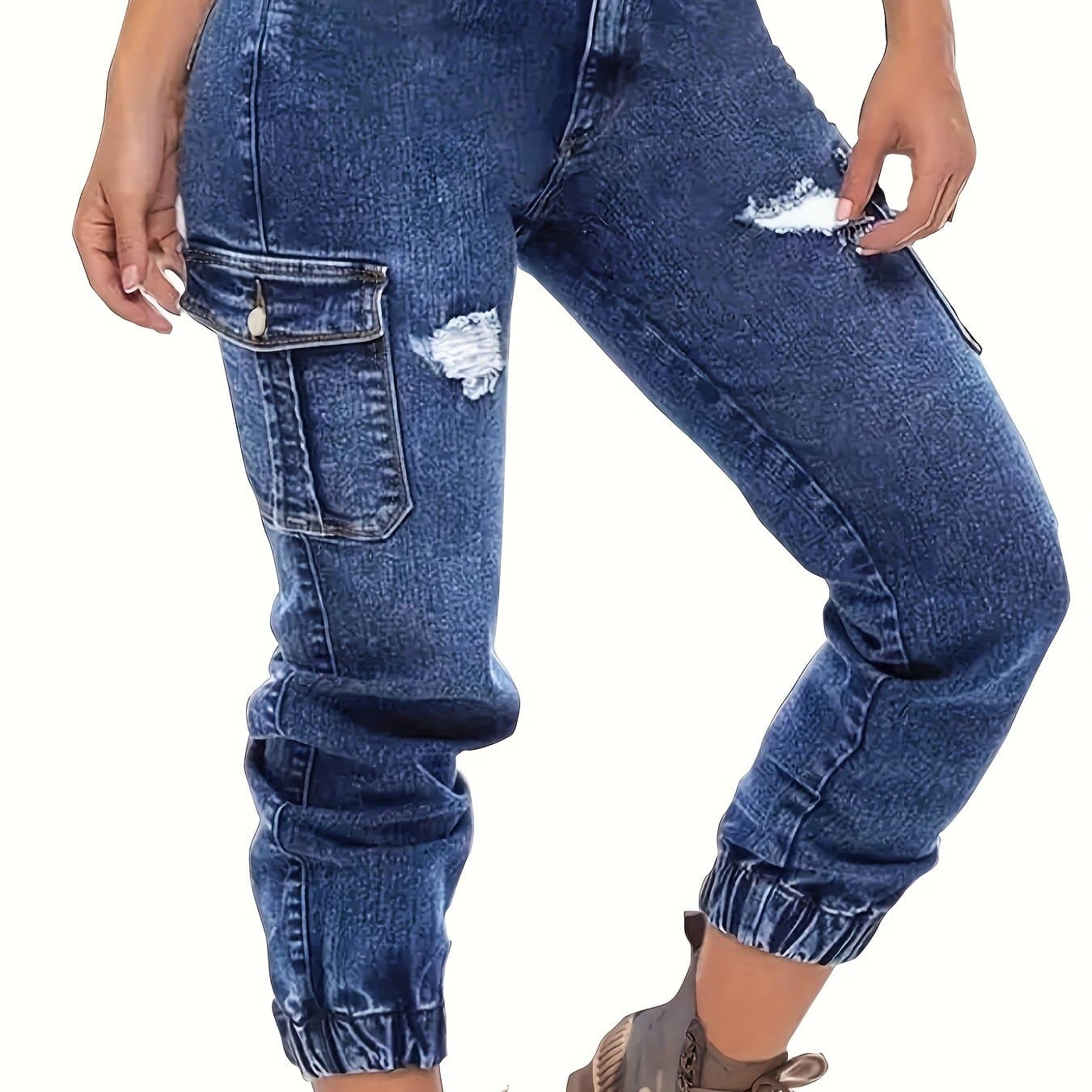 TEMU Women's Distressed Stretch Cropped Denim Jeans - Fashionable Elastic Cuff, Multi-pocket Casual Cargo Style, Washed Blue With Golden Accents, Casual Denim Wear|sporty Cropped Jeans|durable Fabric