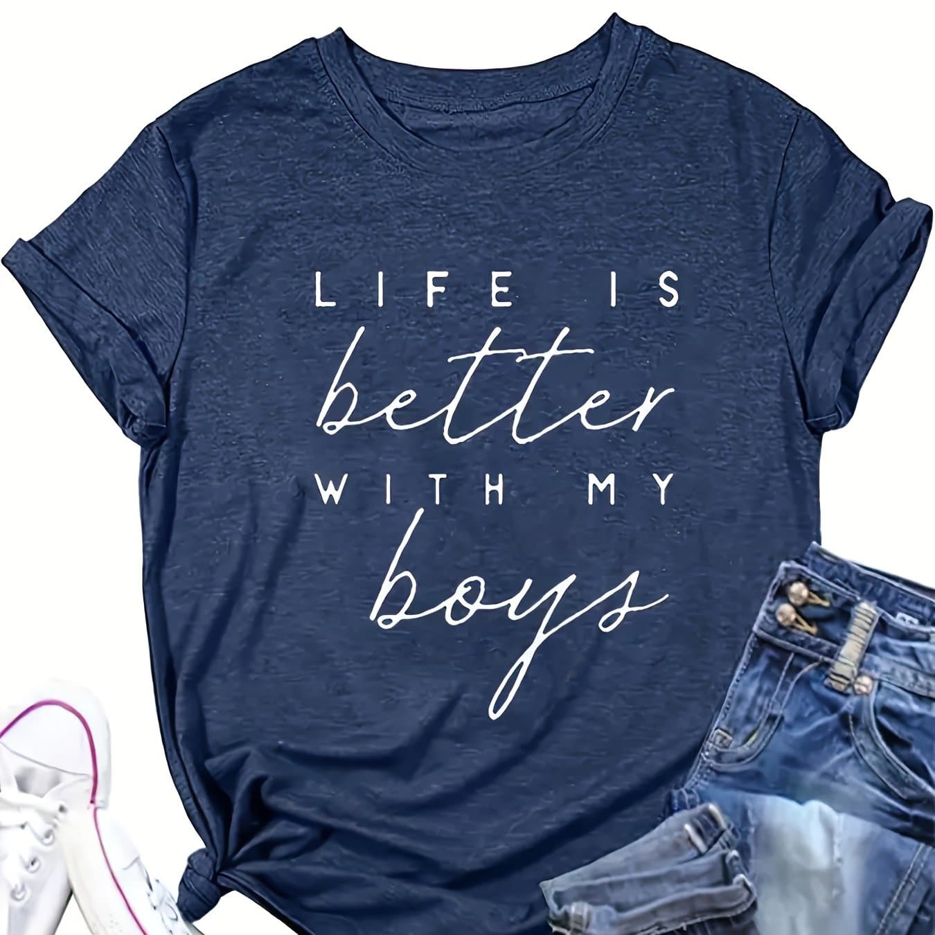 TEMU Women's Casual Short Sleeve T-shirt- Navy Loose Round Neck Top With White Cursive With My , Washable Summer Comfortable Fabric, Fashionable Moms