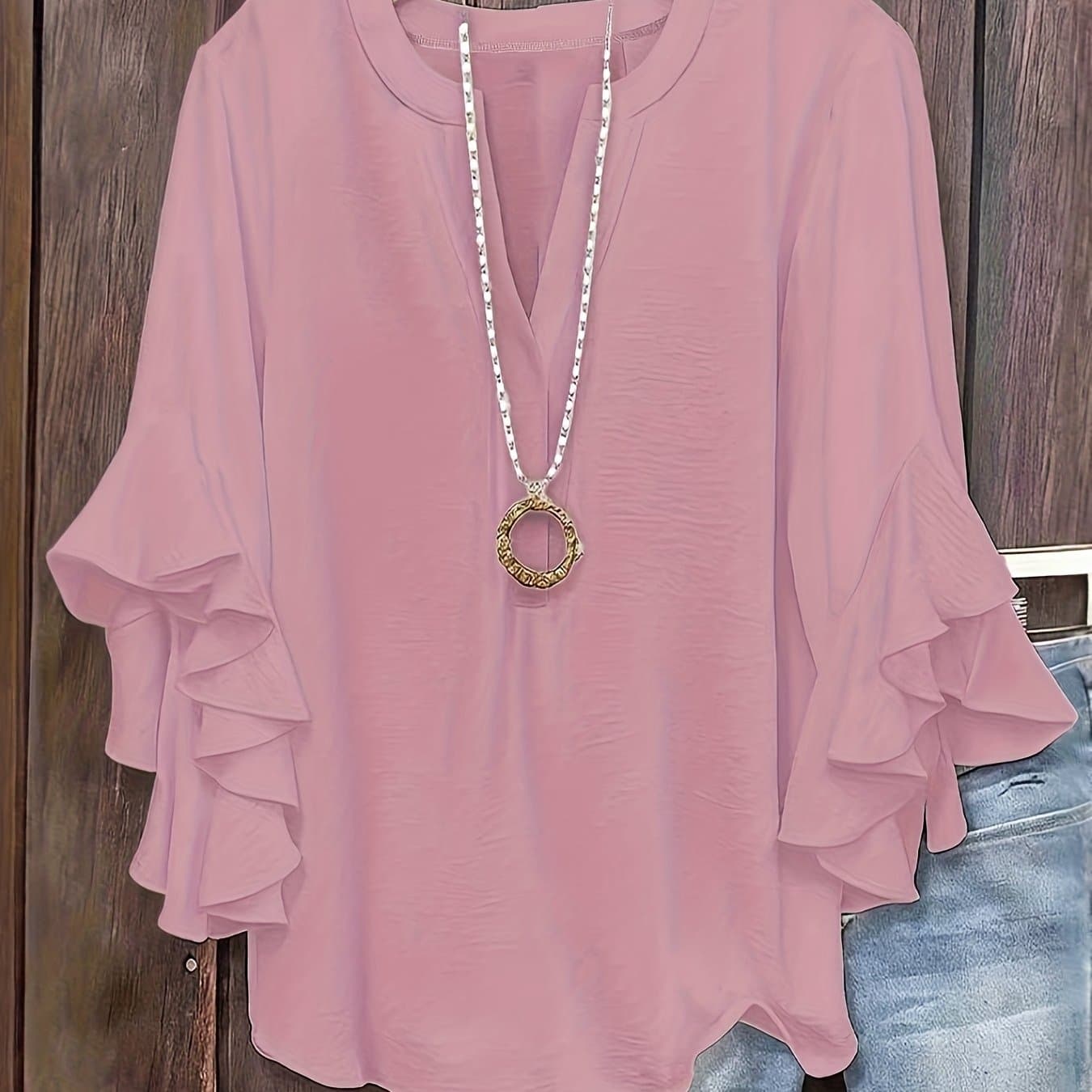 TEMU Plus Size, Women's Plus Size Elegant V-neck Ruffle Three-quarter Sleeve Top, Soft And Lightweight Fabric