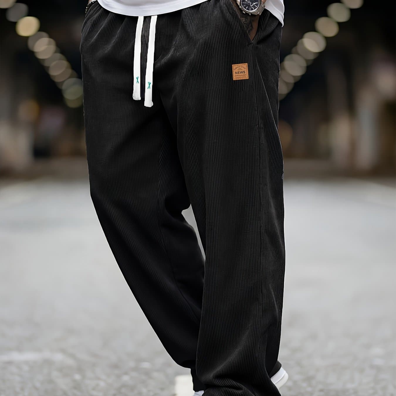 TEMU [men's Gifts]trendy Men's Corduroy Pants, Loose Straight-, Drawstring Waist Accent, Simple And Elegant