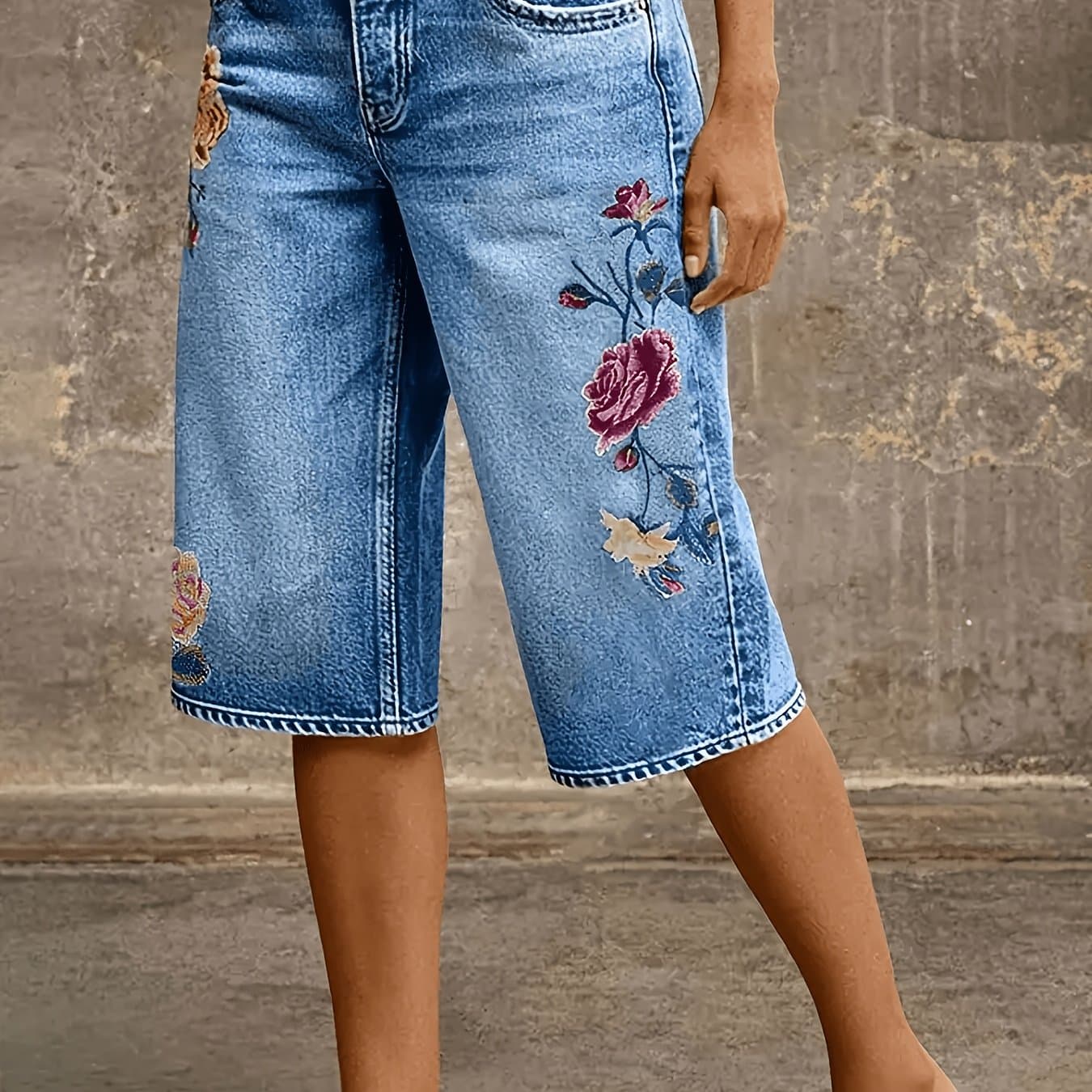 TEMU Women's Denim Shorts, Spring And Summer Embroidered Washed Flower Embroidered Mid-waist Straight Leg Cropped Jeans