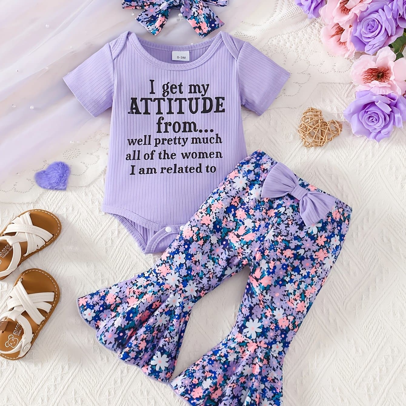 TEMU 3 New Summer Outfits For Baby Girls, I Get My From Letter Short Sleeved Jumpsuit With Floral Print Flared Pants And Headband Set, For Outdoor
