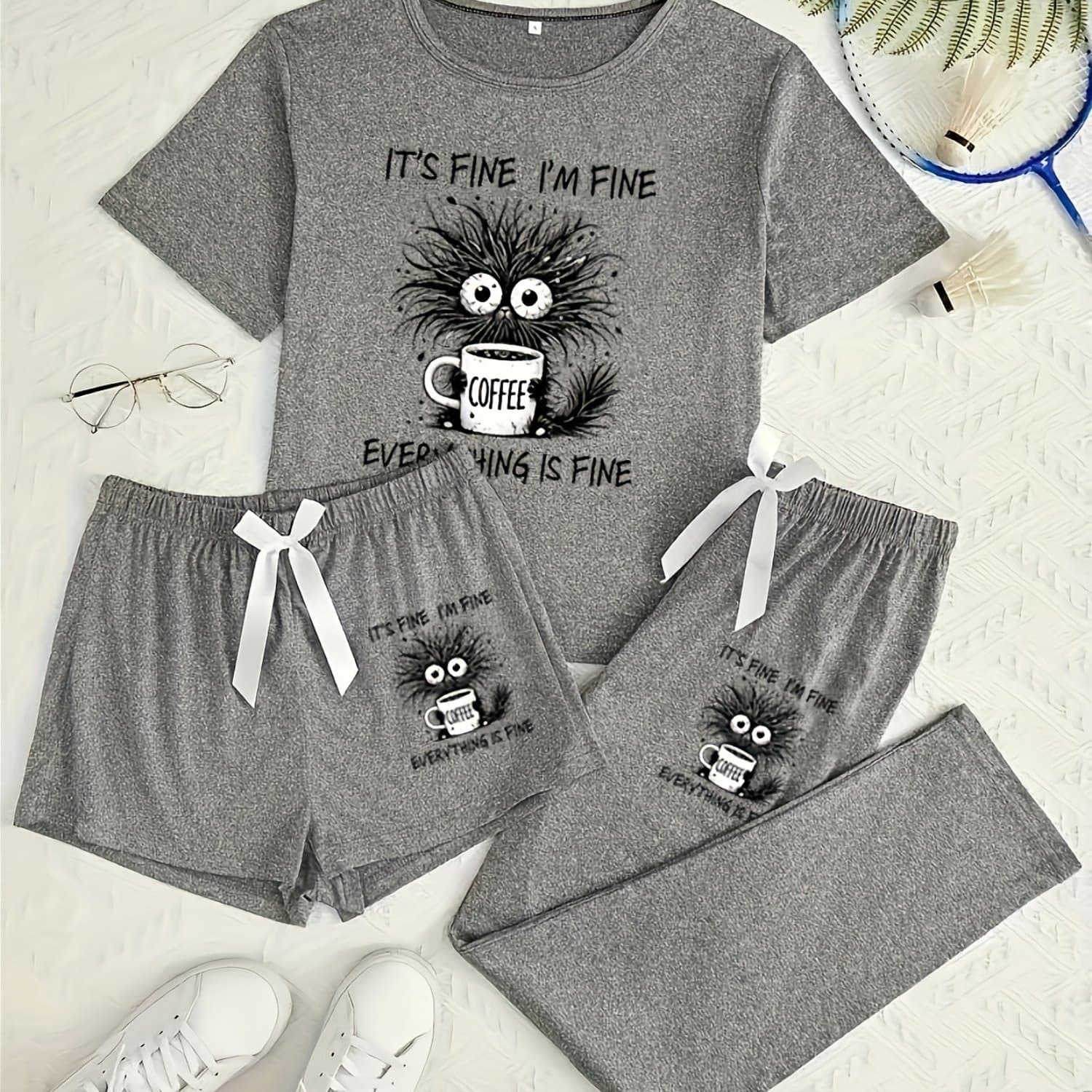 TEMU Women's Casual Pajama Set With Short Sleeve Shorts And Long Pants 3pcs Set