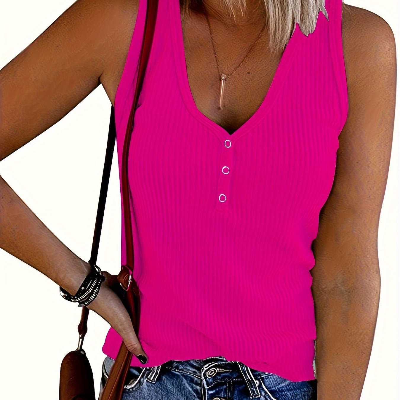 TEMU New European And Women's V-neck Button-front Solid Color Sleeveless Vest Top