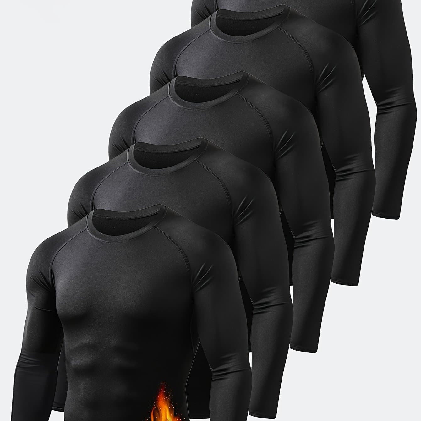 TEMU 5pcs Men's Thermal Round-neck Shirt Set Long-sleeve Compression Shirt Fleece-lined Base Layer Sports Set, 2026, Valentine's Day, Gifts
