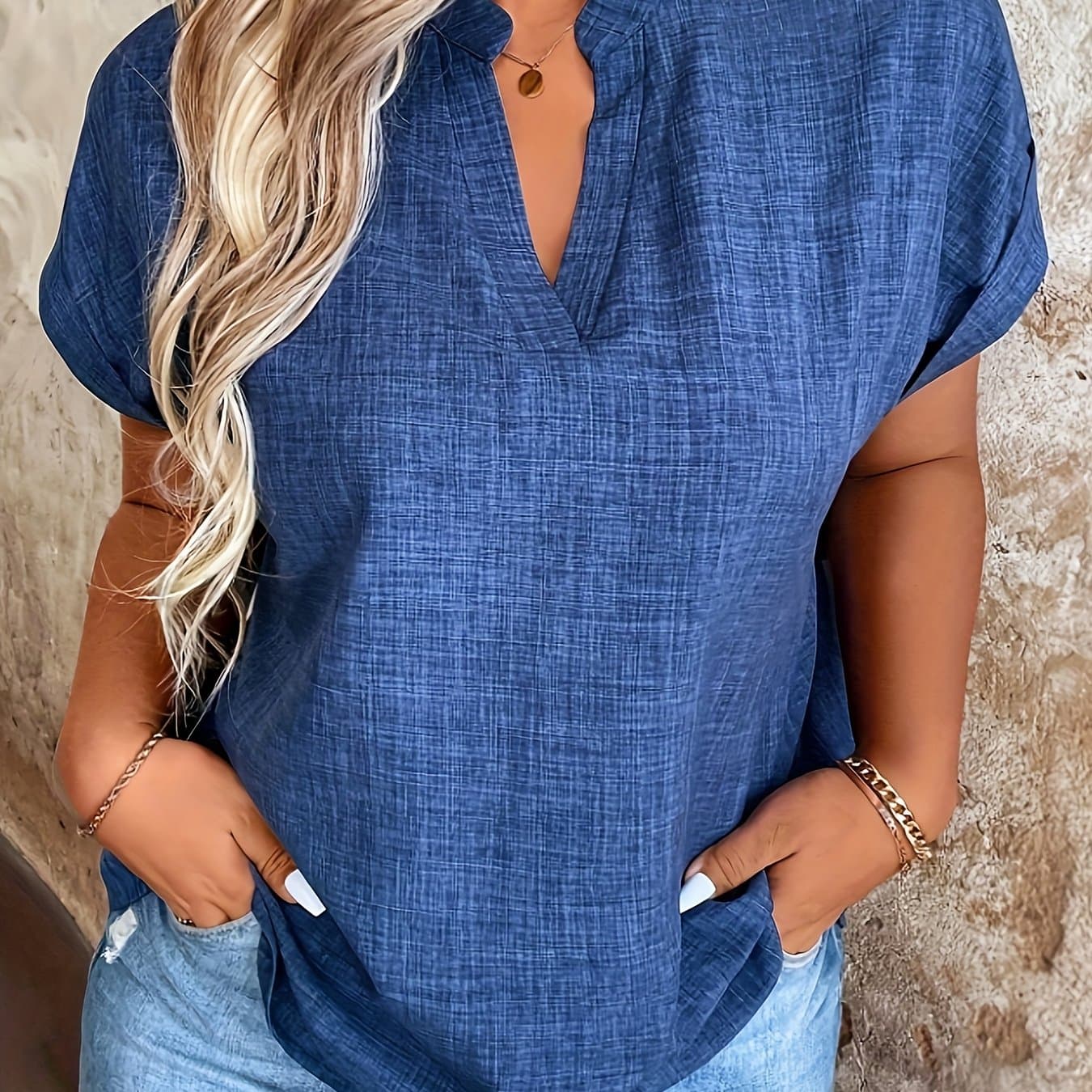 TEMU Notched V-neck Batwing Sleeve Top