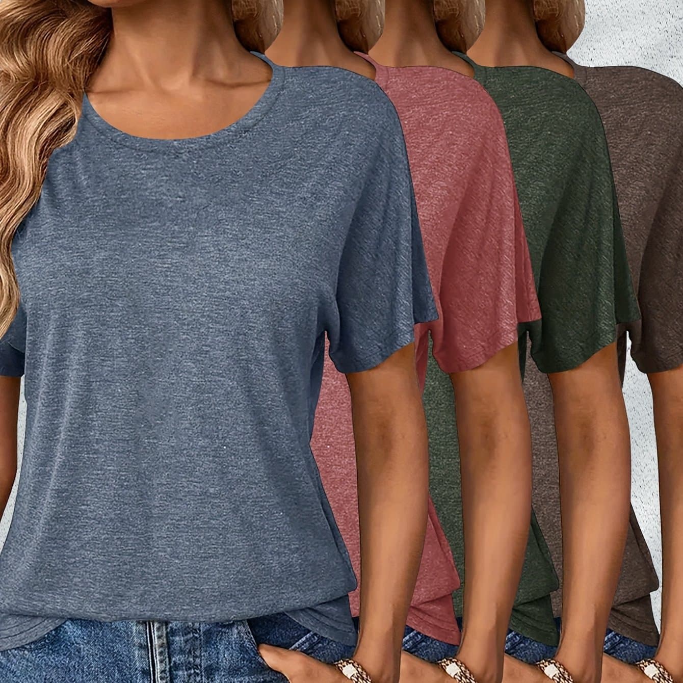 TEMU 4pcs Women's Casual Rayon Short Sleeve T-shirts- Pink, Olive Green, Dark Gray, And Brown Solid Color Crew Neck Tops, Machine Washable Comfortable Version, Women's T-shirts