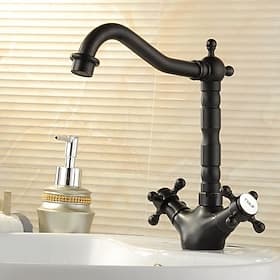 Kupfer-Badezimmerarmatur, schwarzes drehbares Wasserhahn-Set an Deck, ölgeriebene zwei Griffe, Einloch-Badearmaturen mit Heiß- und Kaltschalter