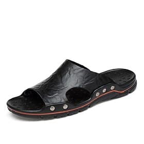 Men's Black Slip-On Leather Sandals – Casual Open-Toe Beach Slides with Studded Design and Comfortable Sole