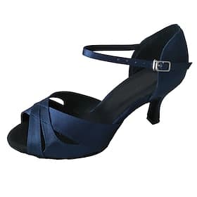 Women's Navy Blue Satin Latin Dance Shoes – Open-Toe Mid Heel Ballroom Sandals with Ankle Strap for Practice  Performance