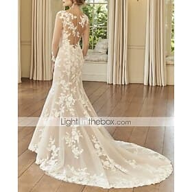 Robe Dorée Fiançailles Robes de Mariage Formelles Sirène Col Illusion Manches Longues Traîne Courte Dentelle Robes de Mariée Avec Broderie sortez du lot
