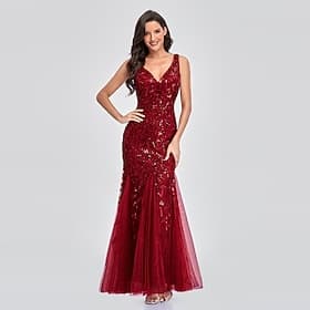 Mermaid Evening Gown Elegant Dress Beach Wedding Valentine's Day Wedding Guest Floor Length Sleeveless V Neck Tulle V Back with Embroidery  dress to impress