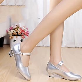 Women's Silver Metallic Ballroom Dance Shoes, Mary Jane Strap Low Kitten Heel Pumps for Graceful Dancing