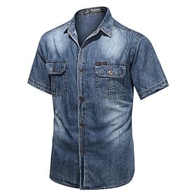 Per uomo Camicia Camicia Estiva Camicia casual Camicia di jeans Camicia con Bottoni Blu Reale Blu turchese Azzurro Manica Corta Tinta unica Colletto Collo ripi