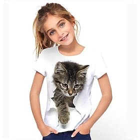 Mädchen 3D Graphic Tier Katze T-Shirt Kurzarm 3D-Druck Aktiv Kuschelig kinderkleidung 3-12 Jahre