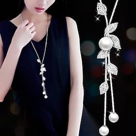 tassels long sweater chain necklace women fashion diamond leaves simple pearls necklace