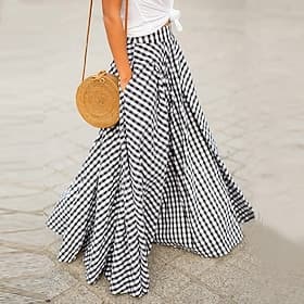 Women's Fashion coastalgrandmastyle Basic Summer Maxi Skirts Plaid Tartan Plaid Checkered Pocket Vacation Street Blue Black Spring  Summer